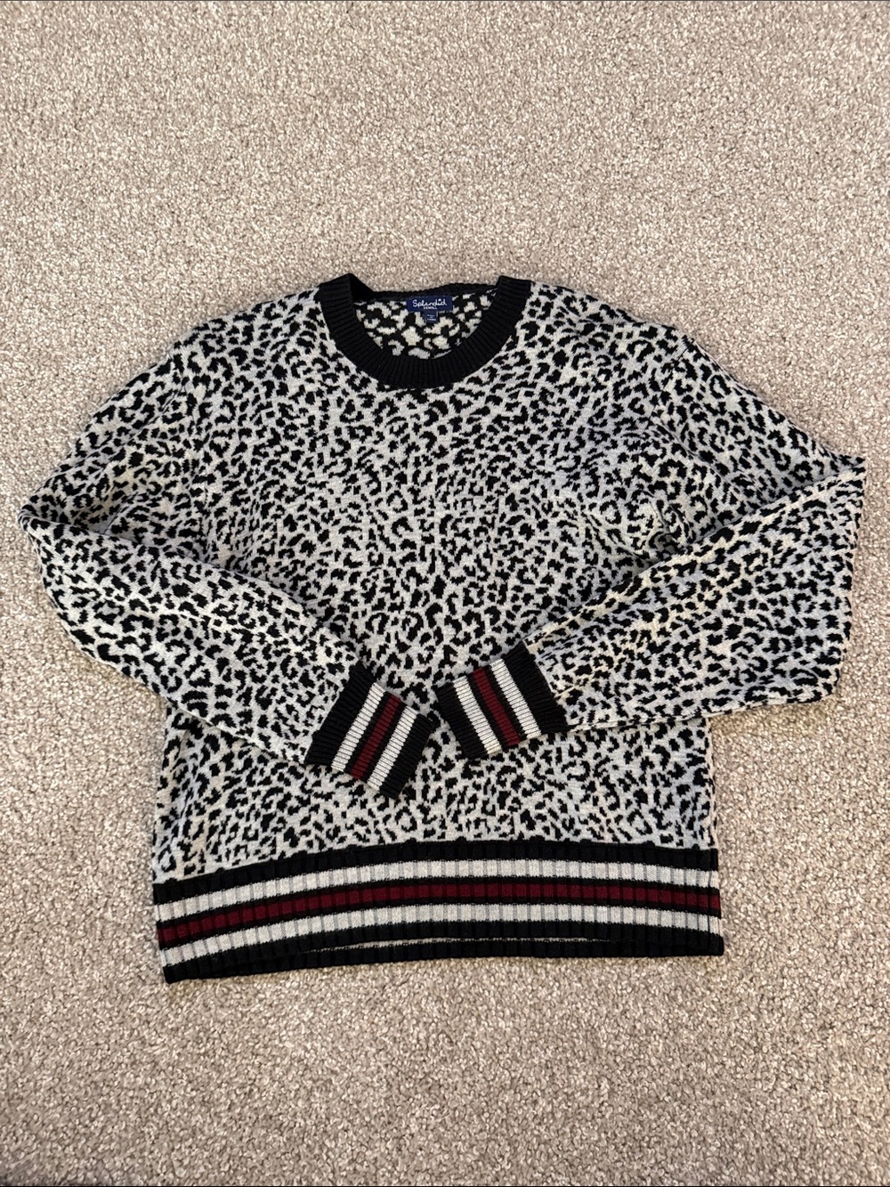 Splendid Black & Cream Leopard-Print Crewneck Sweater with Stripe Trim